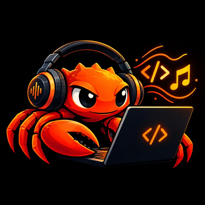 Aratu, an orange mangrove crab wearing headphones, coding music on a laptop