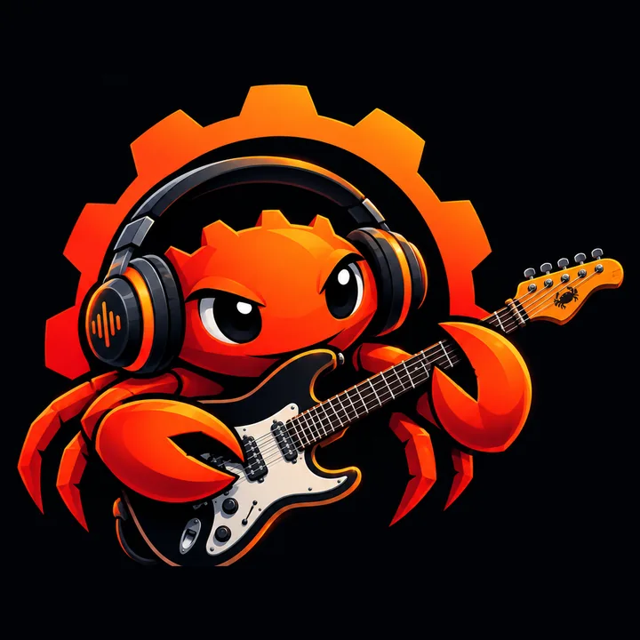 Manguebyte: a crab wearing headphones and playing an electric guitar